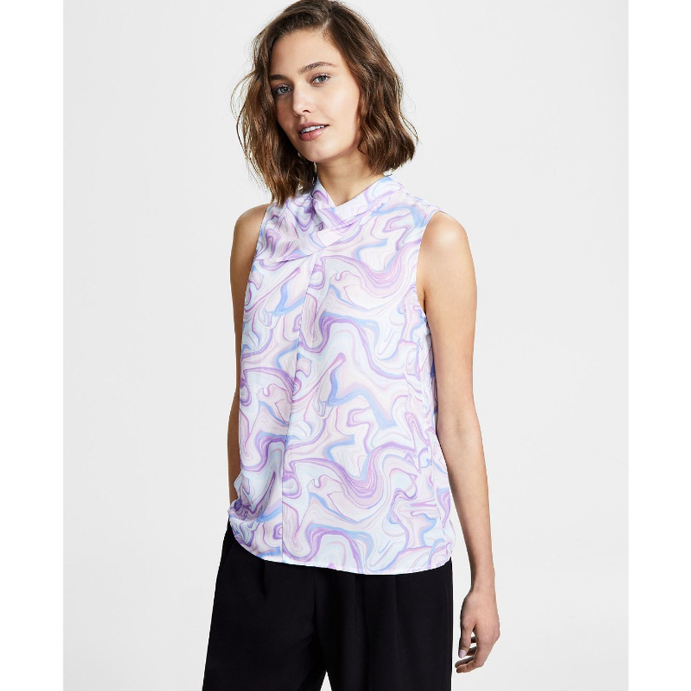 Bar III Women's XXS Purple & White Marble Print Cowl Neck Sleeveless Blouse NWT